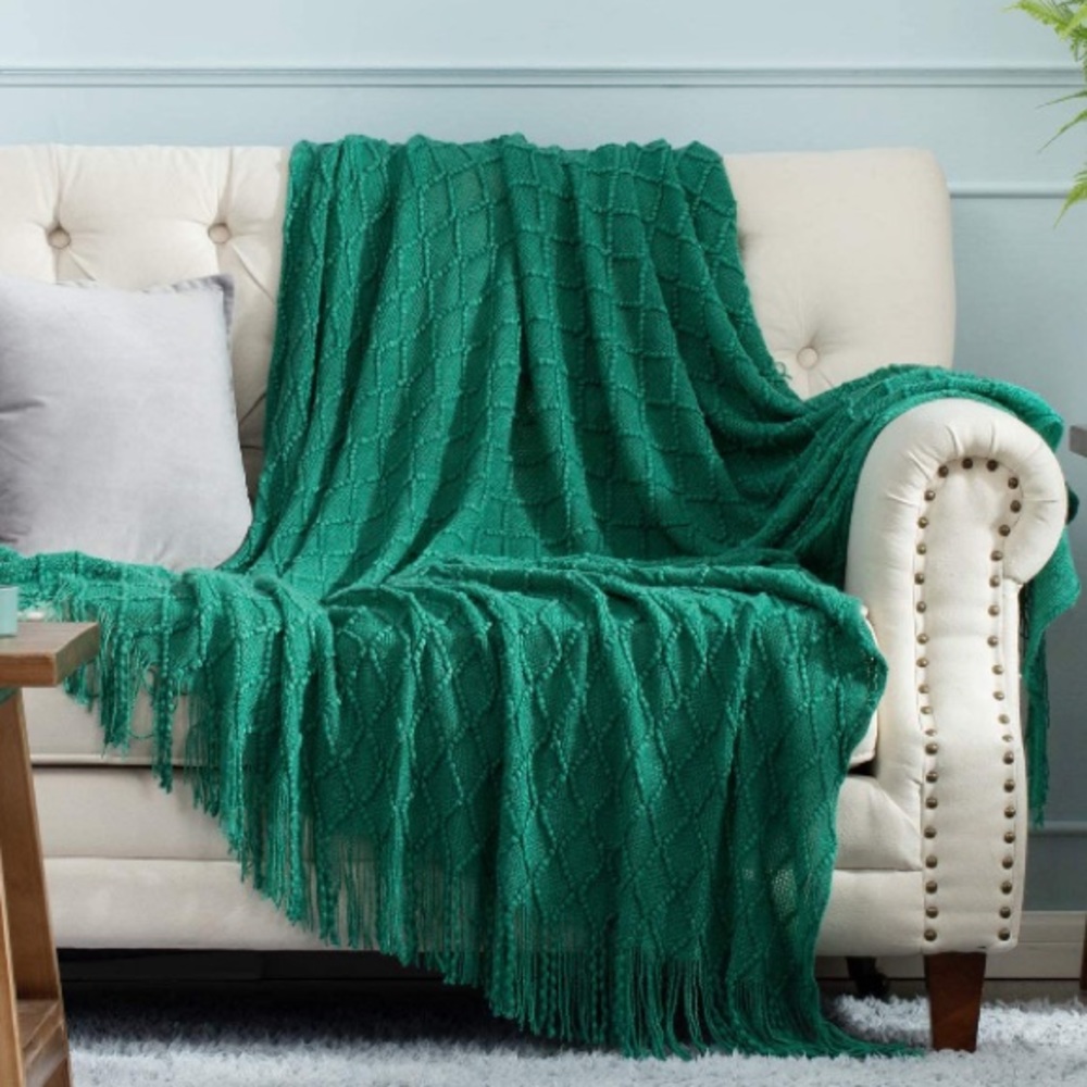 White Farmhouse Classic Chic Tassel Knit Throw Cozy Fringe Patterned Blanket - Picture 12 of 16